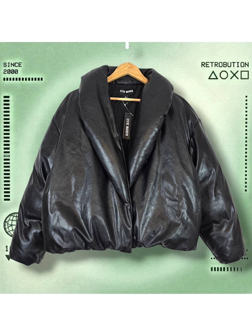 NWT Steve Madden Evy Faux Leather Puffer Jacket Black Size Womens L